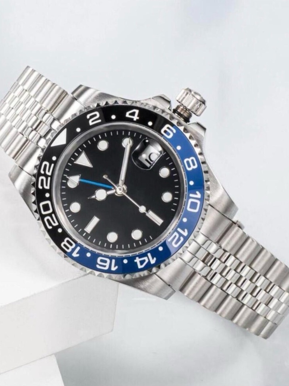Stainless Steel  GMT-Style Men's Watch with Black Dial and Blue/Black Bezel